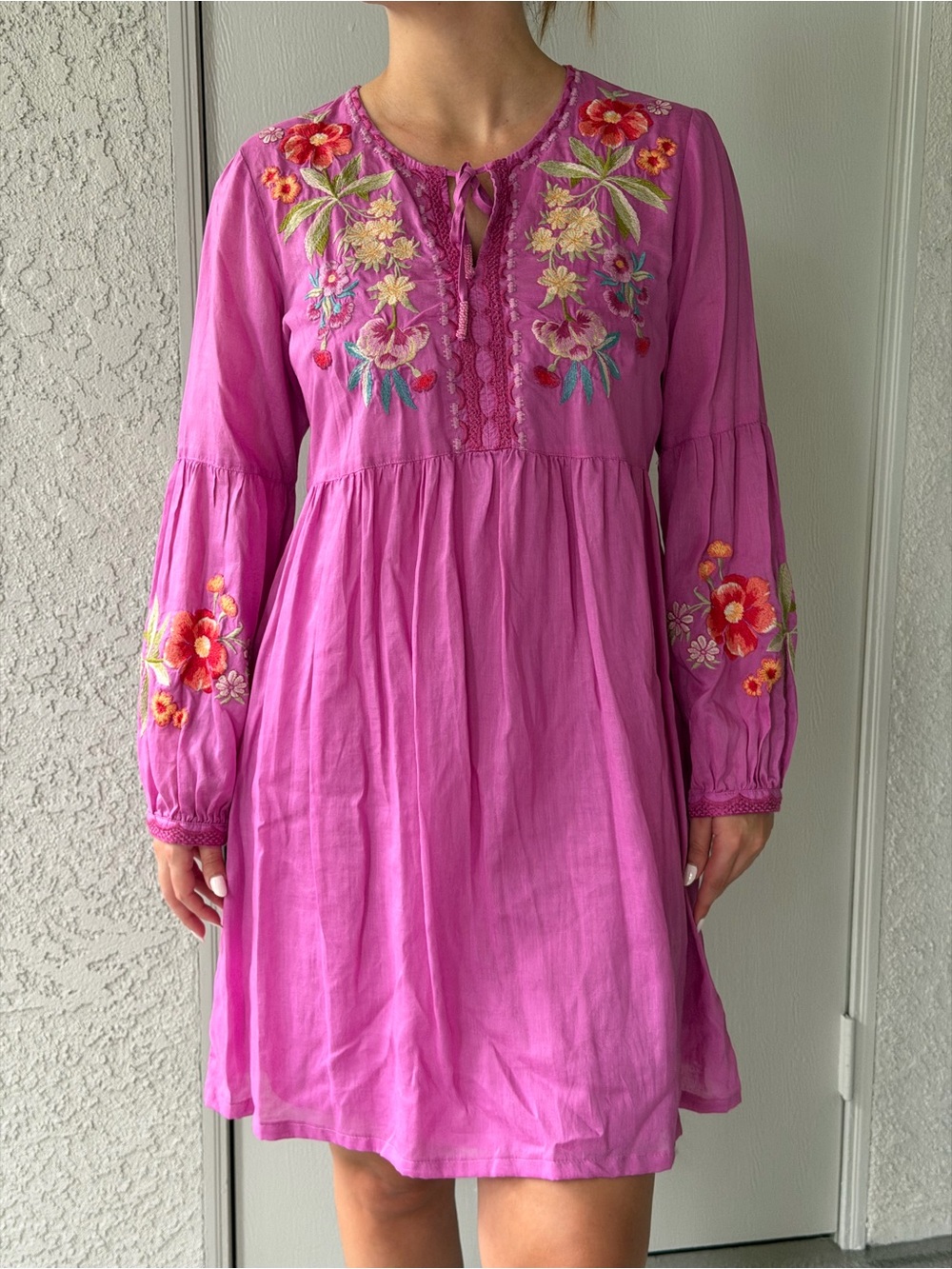 Johnny Was Angela Bishop Sleeve Dress Spring Crocus Purple Pink Size Small NWT